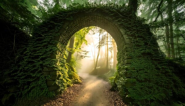 Ancient stone archway covered in ivy leading to a misty forest path at sunrise - Powered by Adobe
