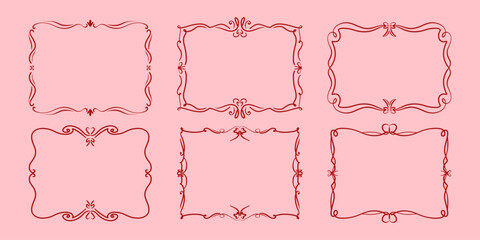 Minimal hand drawn frames collection. Vintage bows frame for greeting cards, wedding invitations in coquette style. Simple line decorative borders. Vector doodle border set
