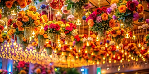 Fototapeta premium Long Exposure: Colorful Flowers & Illuminated Ceiling Decor - Stunning Floral Beauty