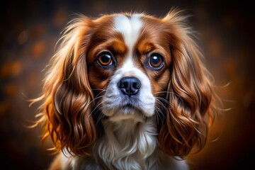 Naklejka premium Long Exposure: Intense Gaze of a Brown & White Cavalier King Charles Spaniel