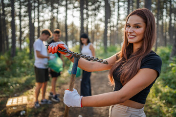Portrait of caucasian female teenager activist volunteer during picking up waste garbage plastic...