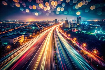 Fototapeta premium Long Exposure Light Trails at Night, Cityscape, Urban Photography, Polaroid Aesthetic