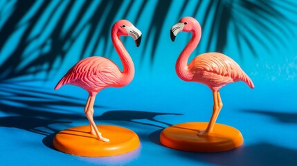Two flamingo figurines on a vibrant surface, symbolizing elegance and simplicity in a bold color palette.