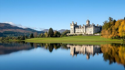 Obraz premium Scottish Castle Reflected in Calm Lake Under Autumn Sky