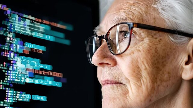An elderly person wearing glasses looks intently at a digital interface displaying colorful code and data.