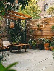 An outdoor living space features a patio table and plants