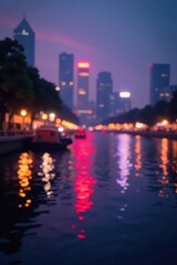 Fototapeta premium Blurred city lights, vibrant hues, Chao Phraya River reflection, Bangkok, bokeh, river