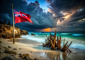 Long Exposure Photo of Bermuda Flag with Skeletons - Eerie Island Night Scene