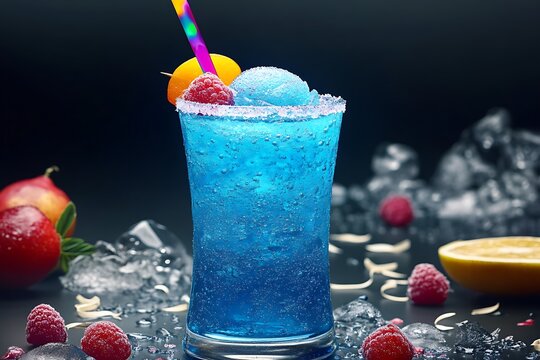 A glowing glass of blue raspberry slush, decorated with a colorful straw and surrounded by scattered ice shavings and fruit garnishes.
