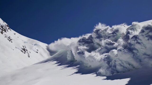Powerful avalanche rapidly moving down snowy steep mountain slope, capturing high impact intense ice snow explosion creating dynamic and thrilling natural disaster scene