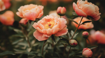 Vibrant peonies bloom in a garden during the late afternoon sunlight