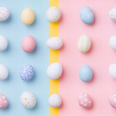 Flat lay seamless pattern of pastel colored easter eggs on a multicolored pastel background, arranged in a neat grid pattern. Perfect for easter designs and spring season concepts