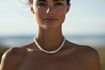 A woman wearing an elegant pearl necklace on her neck