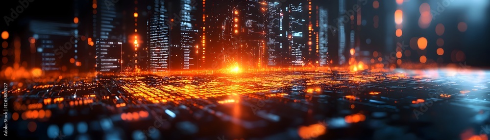 Poster futuristic venture lab forecasting capital risks and rewards with glowing algorithms and dynamic tec