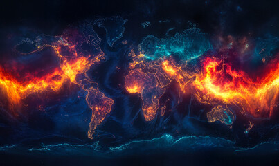 Fototapeta premium Vibrant Abstract World Map with Fiery and Cool Tones Illustrating Global Weather Patterns and Temperature Variations