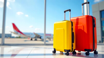 Two brightly colored suitcases on the background of an airport and an airplane. The concept of travel, vacation flights and vacations. Copy space