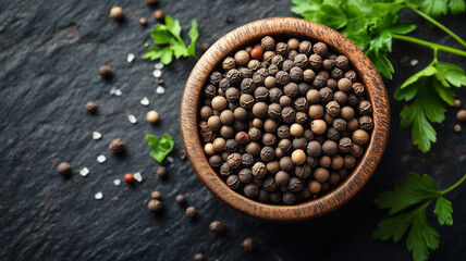 Fototapeta premium Whole Black Peppercorns in Rustic Wooden Bowl