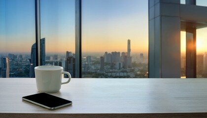 창가에 위치한 사무실 책상을 위에서 내려다본 장면, 탁자 위에는 커피잔과 스마트폰, 창밖으로는 도시의 고층 빌딩이 보인다