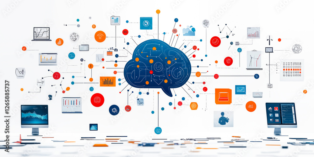 Poster ai-driven marketing visualization featuring connected digital tools and data analytics for enhanced 