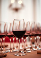 Wine glasses filled with red wine arranged and presented on a table top for self service by party guests shallow depth of field image a glass of red wine is on the table glasses of wine bokeh red boke