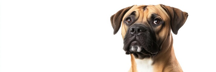 Obraz premium Cute Mastiff Dog with Perked Ears Sitting Against White Background