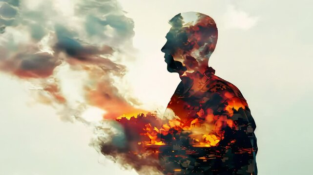 Video of soldier suffering from PTSD is shown experiencing a vivid and distressing flashback. Post-traumatic stress disorder concept.