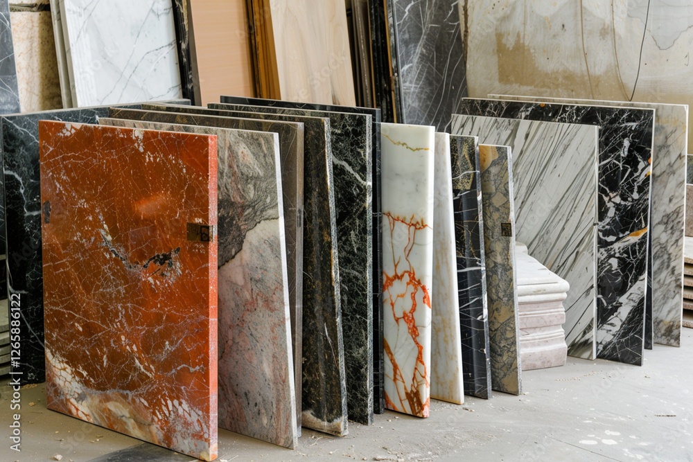 Fototapete Marble slabs of various colors and patterns displayed in a workshop, showcasing natural stone textures for interior and architectural design.