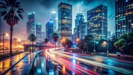 Fototapeta premium Los Angeles Downtown Night Rain Long Exposure Photography Stock Photo