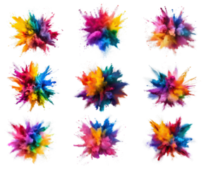 Dynamic Rainbow Color Explosions, Collection of Vibrant Powder Bursts Isolated on Transparent Background – Perfect for Creative Designs