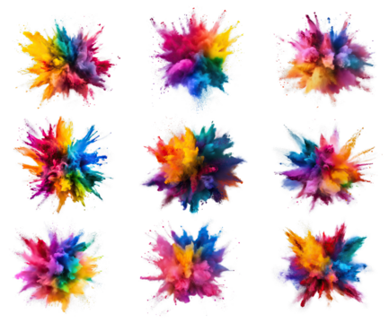 Dynamic Rainbow Color Explosions, Collection of Vibrant Powder Bursts Isolated on Transparent Background – Perfect for Creative Designs