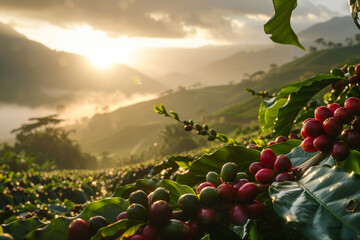 Ripe red coffee cherries on a plantation at sunrise, with sun rays illuminating the lush green leaves and misty hills in the background.