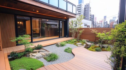 Obraz premium Beautiful modern home features a small japanese style garden