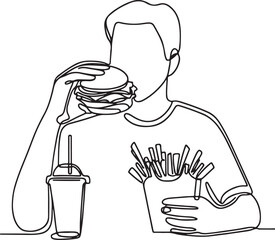 Clean Line Art of Person Eating Burgers and Fries Vector Illustration