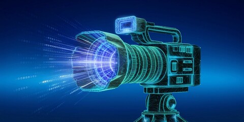 Obraz premium High-tech digital video camera on a blue background. modern technology filmmaking, video production, and digital content creation, broadcasting, and live streaming systems. 