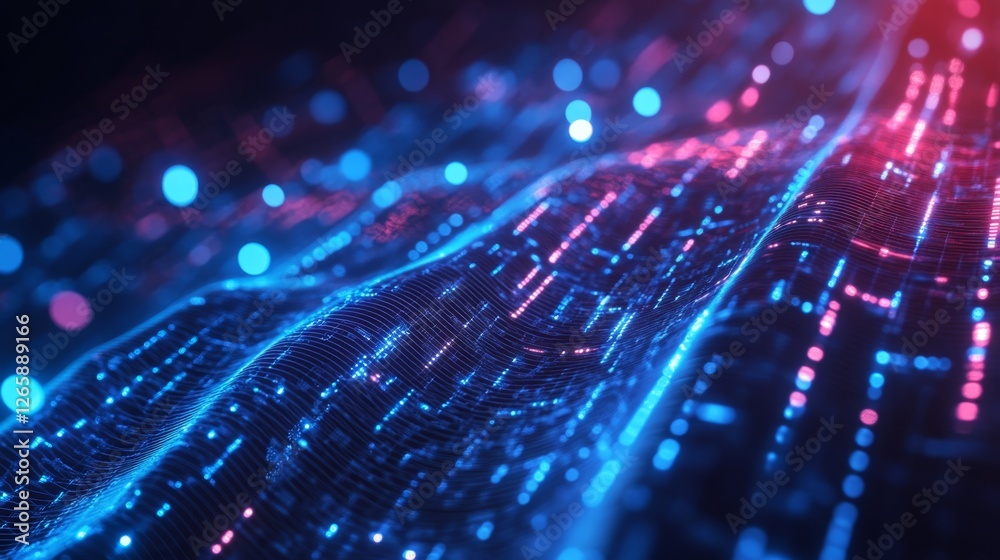 Poster exploring a deep cyberspace virtual realm digital art neon environment immersive perspective glowing