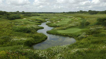 Serene golf course landscape with winding creek