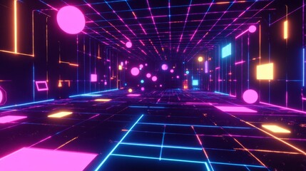 Exploring neon depths cyberspace digital art virtual reality immersive deep cyberspace with floating neon grids