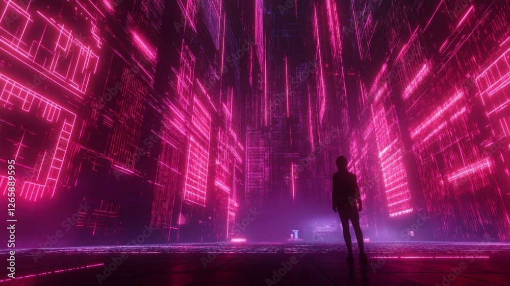 Poster exploring the deep digital cyberspace virtual realm interactive experience neon environment immersiv