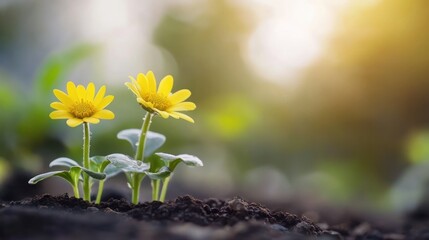 Two Vibrant Yellow Flowers Emerging in Spring Sunlight and Fresh Soil