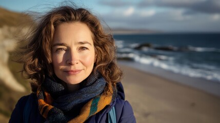 Fototapeta premium Woman relishes the breeze by the sea, embodying peace and freedom. 