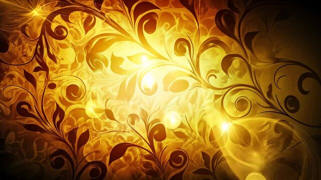 Intricate golden floral pattern with abstract swirls glowing in warm light