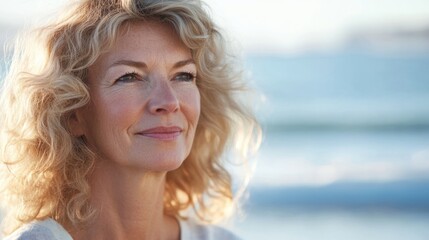 Fototapeta premium Woman relishes the breeze by the sea, embodying peace and freedom. 