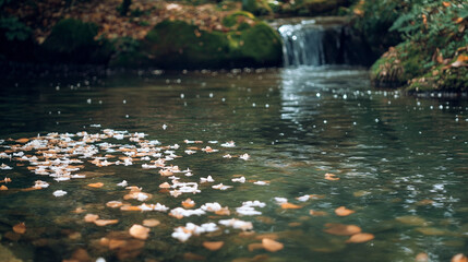 Fototapeta premium Tranquil stream with fallen petals near a gentle waterfall in autumn forest