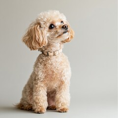 Fluffy Teacup Poodle Dog Sitting on Hind Legs Against Neutral Background