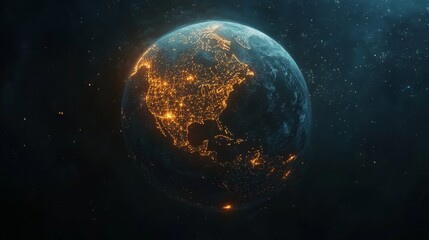 Obraz premium Visualize global connectivity digital globe with glowing routes virtual space 3d render futuristic viewpoint