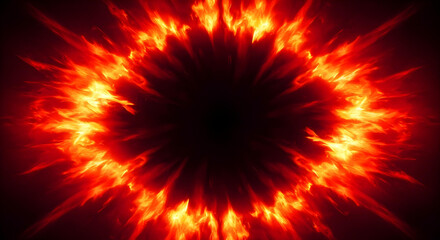 Dramatic fire and smoke effect glowing red and yellow colors exploding outwards with center space. Vivid and hot hell abstract or blazing fire background or wallpaper, fiery explosion background