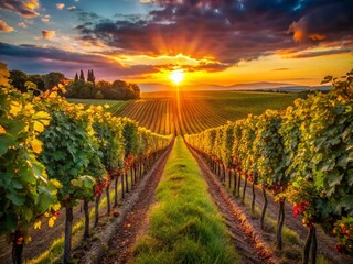Fototapeta premium Low Light Vineyard Rows, Colorful Grapes, Night Photography