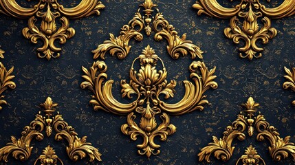 Golden ornaments embellish a black and gold textured wall, luxury background
