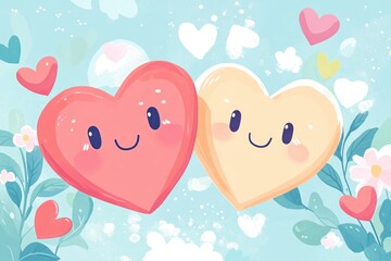 Cheerful and cute illustration of two smiling cartoon hearts surrounded by flowers and floating elements. Pastel background and playful design. For Valentine's Day cards, or romantic-themed projects