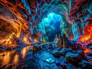 Luminous Cave Interior: Vibrant Glowing Cracks Macro Photography